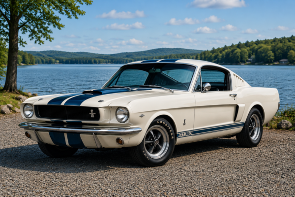 1965 Shelby GT350 Mustang fastback parked beside a scenic lake on a sunny day. Classic white muscle car with blue racing stripes, chrome accents, and vintage wheels, photographed from the front three-quarter angle with calm water, trees, and rolling hills in the background.