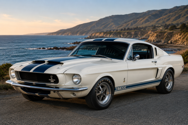 1968 Shelby Cobra GT500 fastback in white with blue racing stripes parked on a scenic coastal road at sunset. Classic American muscle car shown from the front three-quarter angle, featuring Shelby badging, chrome accents, hood scoop, and vintage wheels, with ocean views, rocky shoreline, and rolling mountains in the background.
