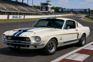 1968 Shelby Mustang GT500KR fastback in white with blue racing stripes parked on a professional racetrack. Classic American muscle car shown from the front three-quarter angle, featuring a hood scoop, Shelby badging, chrome trim, and vintage wheels, with grandstands, pit buildings, and racing barriers visible in the background under a clear blue sky.