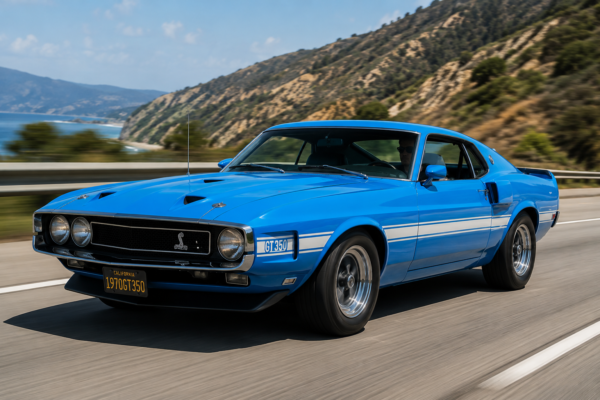 1970 Shelby GT350 Fastback in bright blue with white side stripes driving on a highway. Classic American muscle car shown in motion from the front three-quarter angle, featuring the 1970 SportsRoof body style, four-headlight grille, hood scoops, Shelby badging, and polished wheels, with coastal mountains and ocean scenery blurred in the background to emphasize speed.